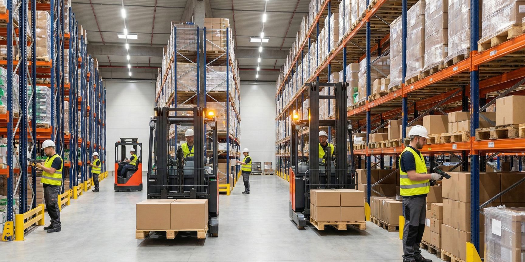 Innenansicht eines modernen Hochregallagers mit Mitarbeitern in Sicherheitskleidung, Gabelstaplern und palettierten Waren, die einen effizienten, ISO 9001-konformen Logistikprozess darstellen